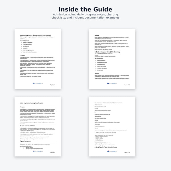 Interior pages preview of psych nursing documentation guide with note templates and charting examples