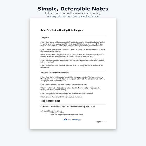 Interior page showing practical psych note checklist and charting structure