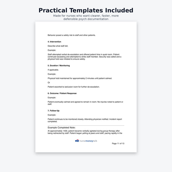 Interior page showing psych nursing documentation template and example note