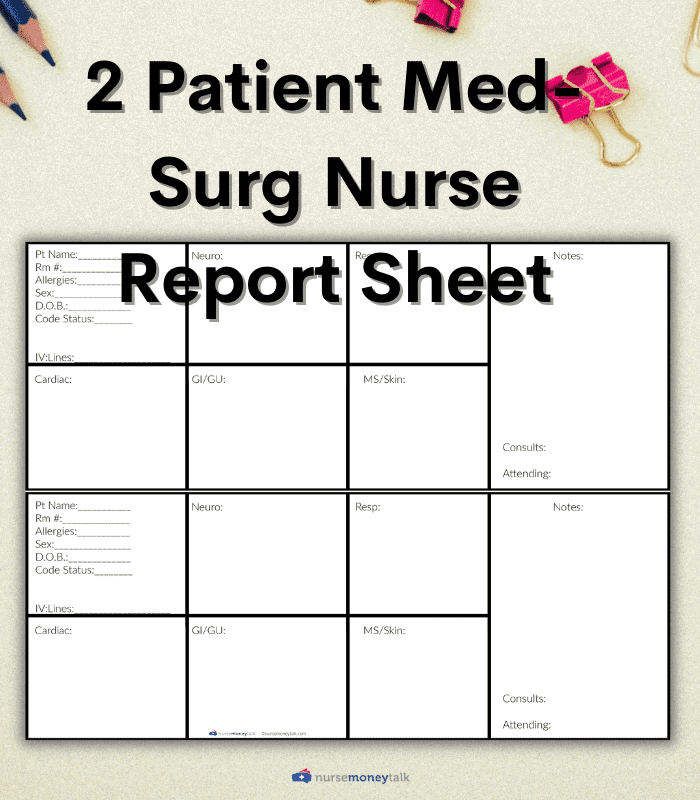 2 Patient Med Surge Nurse Report Sheet (Landscape + Simple) for Free Printable Med Surg Nursing Report Sheet